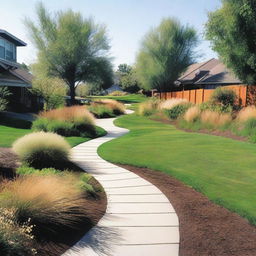 A residential area featuring a drainage swale designed for stormwater management