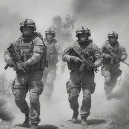 Pencil-style 2D artwork depicting DEVGRU operators engaged in a tactical raid