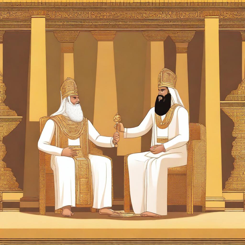 Create an illustration showing Prophet Musa (Moses) and Harun (Aaron) preaching to the Pharaoh of Egypt