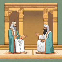 Create an illustration showing Prophet Musa (Moses) and Harun (Aaron) preaching to the Pharaoh of Egypt