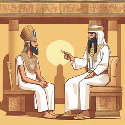 Create an illustration showing Prophet Musa (Moses) and Harun (Aaron) preaching to the Pharaoh of Egypt