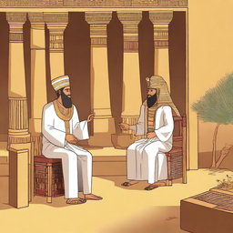 Create an illustration showing Prophet Musa (Moses) and Harun (Aaron) preaching to the Pharaoh of Egypt