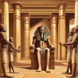 Create an illustration showing the Pharaoh of Egypt angrily reacting in his palace