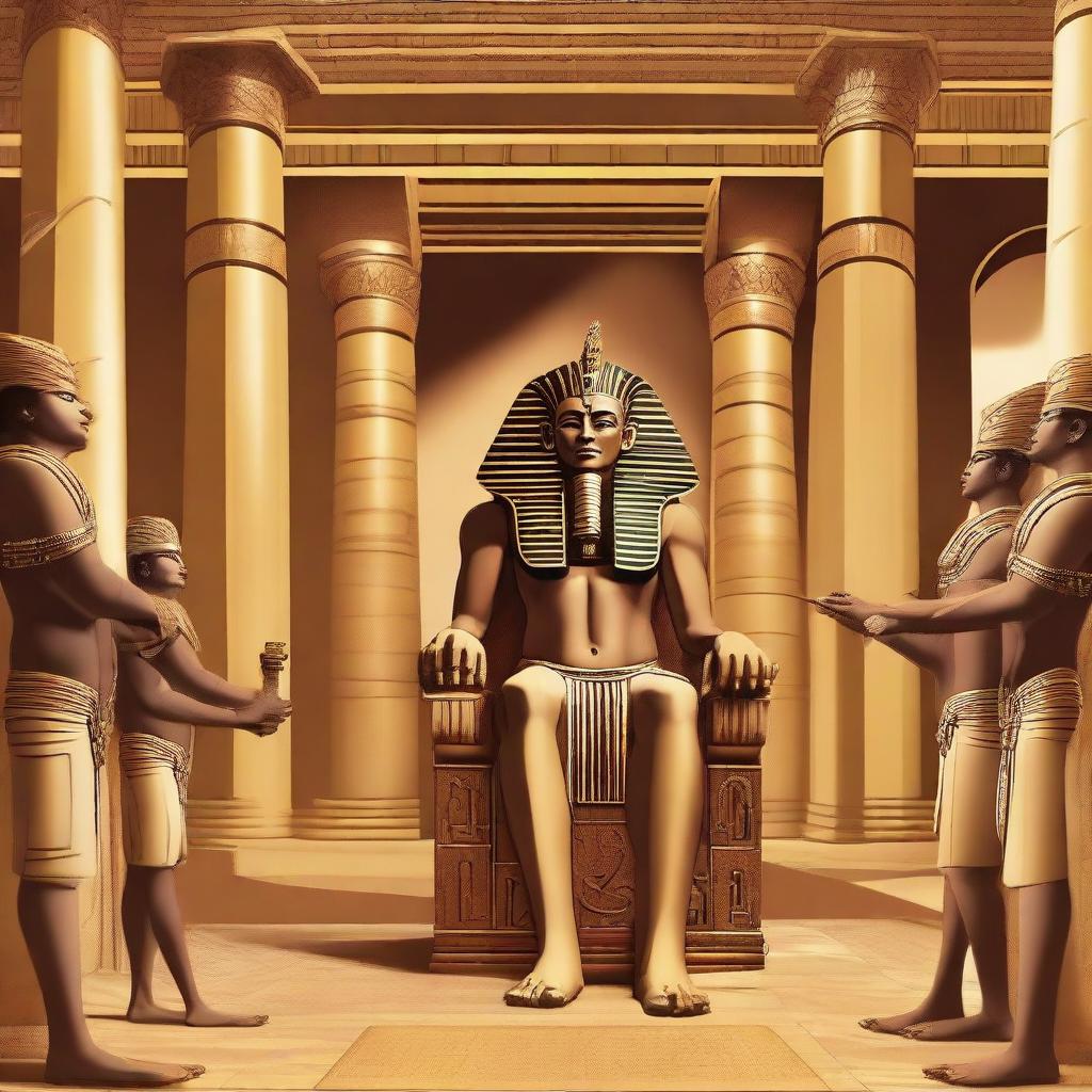 Create an illustration showing the Pharaoh of Egypt angrily reacting in his palace
