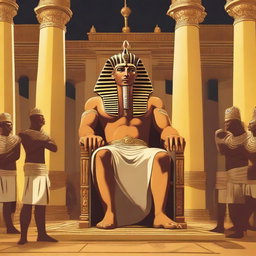 Create an illustration showing the Pharaoh of Egypt angrily reacting in his palace