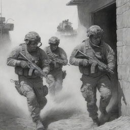 Pencil-style 2D artwork depicting DEVGRU operators engaged in a tactical raid