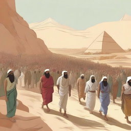 Create an illustration depicting Prophet Musa (Moses), Harun (Aaron), and all the Israelites leaving Egypt