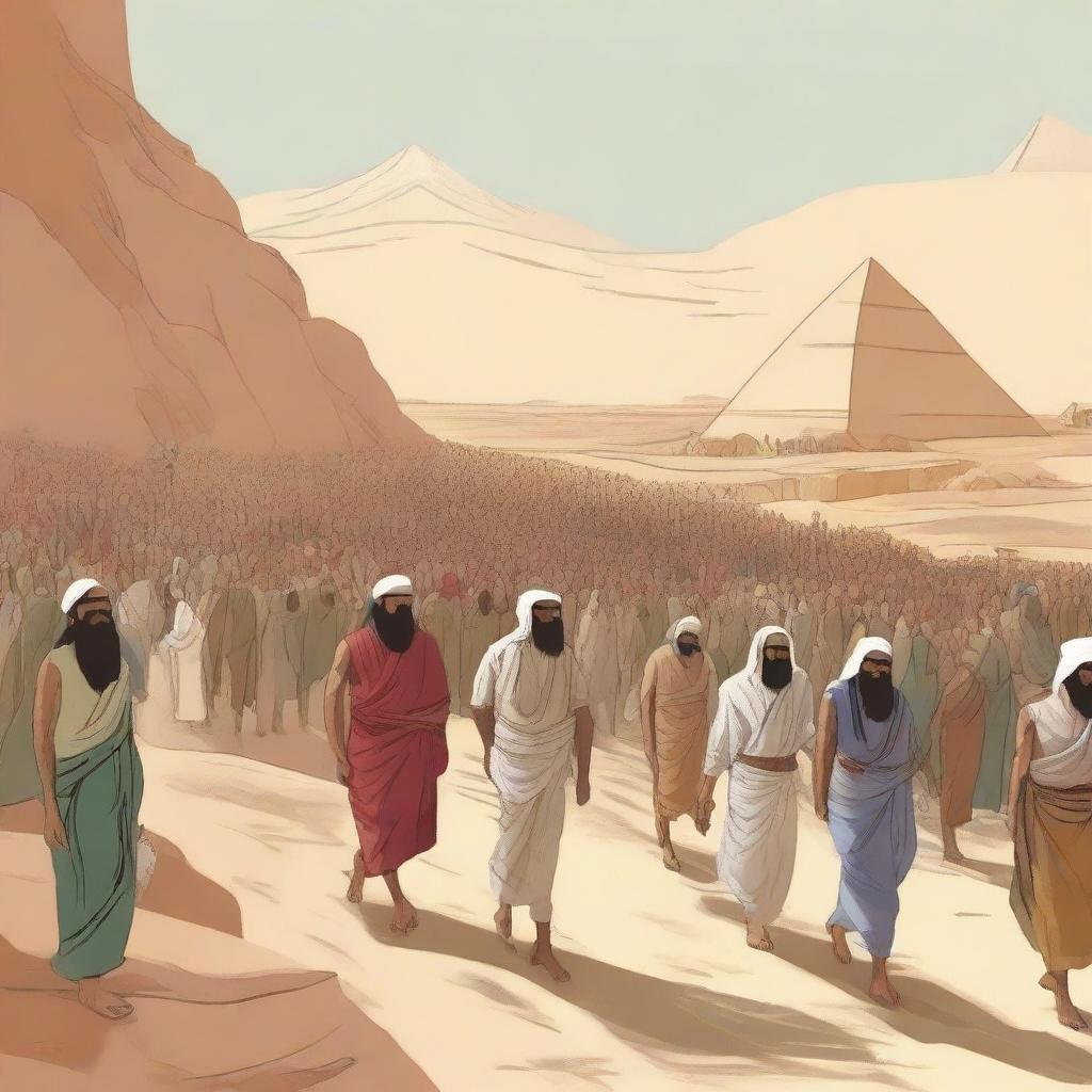 Create an illustration depicting Prophet Musa (Moses), Harun (Aaron), and all the Israelites leaving Egypt