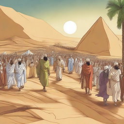 Create an illustration depicting Prophet Musa (Moses), Harun (Aaron), and all the Israelites leaving Egypt
