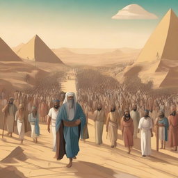 Create an illustration depicting Prophet Musa (Moses), Harun (Aaron), and all the Israelites leaving Egypt