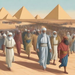 Create an illustration depicting Prophet Musa (Moses), Harun (Aaron), and all the Israelites leaving Egypt