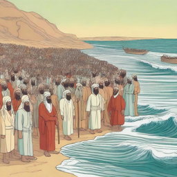 Create an illustration showing Prophet Musa (Moses), Harun (Aaron), and all the Israelites arriving at the edge of the Red Sea in Egypt