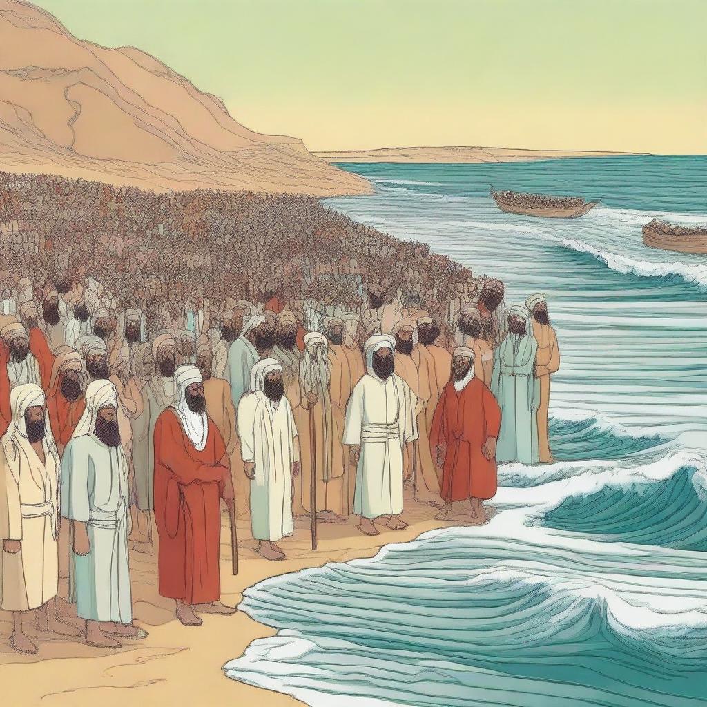 Create an illustration showing Prophet Musa (Moses), Harun (Aaron), and all the Israelites arriving at the edge of the Red Sea in Egypt