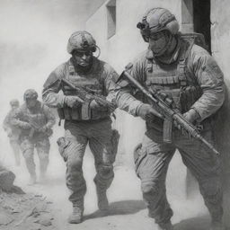 Pencil-style 2D artwork depicting DEVGRU operators engaged in a tactical raid