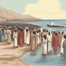 Create an illustration showing Prophet Musa (Moses), Harun (Aaron), and all the Israelites arriving at the edge of the Red Sea in Egypt