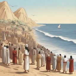 Create an illustration showing Prophet Musa (Moses), Harun (Aaron), and all the Israelites arriving at the edge of the Red Sea in Egypt