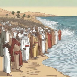 Create an illustration showing Prophet Musa (Moses), Harun (Aaron), and all the Israelites arriving at the edge of the Red Sea in Egypt