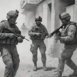 Pencil-style 2D artwork depicting DEVGRU operators engaged in a tactical raid