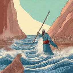 Create an illustration of Prophet Musa (Moses) striking the Red Sea with his wooden staff, causing the sea to split into two