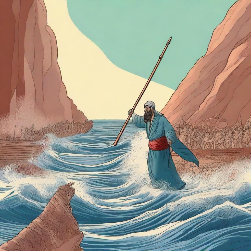Create an illustration of Prophet Musa (Moses) striking the Red Sea with his wooden staff, causing the sea to split into two