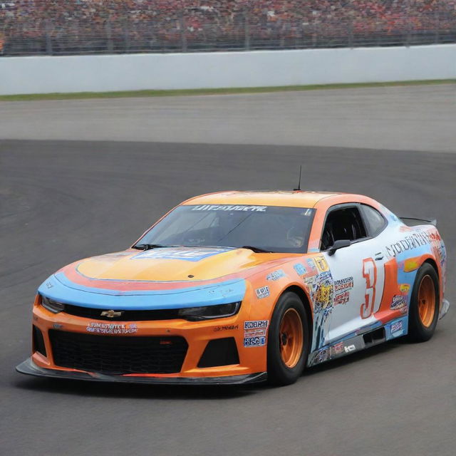 A Camaro recreated in the NASCAR style, painted with bright colors, equipped with racing adaptations and branded with multiple sponsor decals.