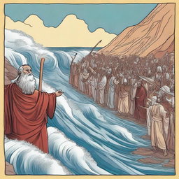 Create an illustration of Prophet Musa (Moses) striking the Red Sea with his wooden staff, causing the sea to split into two