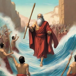 Create an illustration of Prophet Musa (Moses) striking the Red Sea with his wooden staff, causing the sea to split into two
