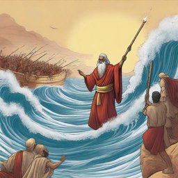 Create an illustration of Prophet Musa (Moses) striking the Red Sea with his wooden staff, causing the sea to split into two