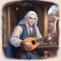 A handsome half-elf bard with blue eyes and long silver hair plays the lute against the backdrop of a lively tavern