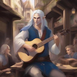 A handsome half-elf bard with blue eyes and long silver hair plays the lute against the backdrop of a lively tavern