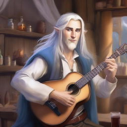 A handsome half-elf bard with blue eyes and long silver hair plays the lute against the backdrop of a lively tavern