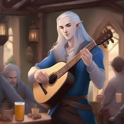 A handsome half-elf bard with blue eyes and long silver hair plays the lute against the backdrop of a lively tavern