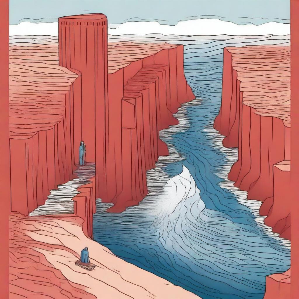 Create an illustration showing the Red Sea split into two, with a dry path forming in the middle