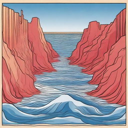 Create an illustration showing the Red Sea split into two, with a dry path forming in the middle