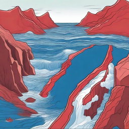 Create an illustration showing the Red Sea split into two, with a dry path forming in the middle