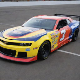 A Camaro recreated in the NASCAR style, painted with bright colors, equipped with racing adaptations and branded with multiple sponsor decals.