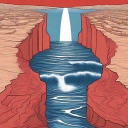 Create an illustration showing the Red Sea split into two, with a dry path forming in the middle
