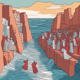 Create an illustration depicting the moment when the Red Sea is parted, creating a path in the middle for the Israelites to cross