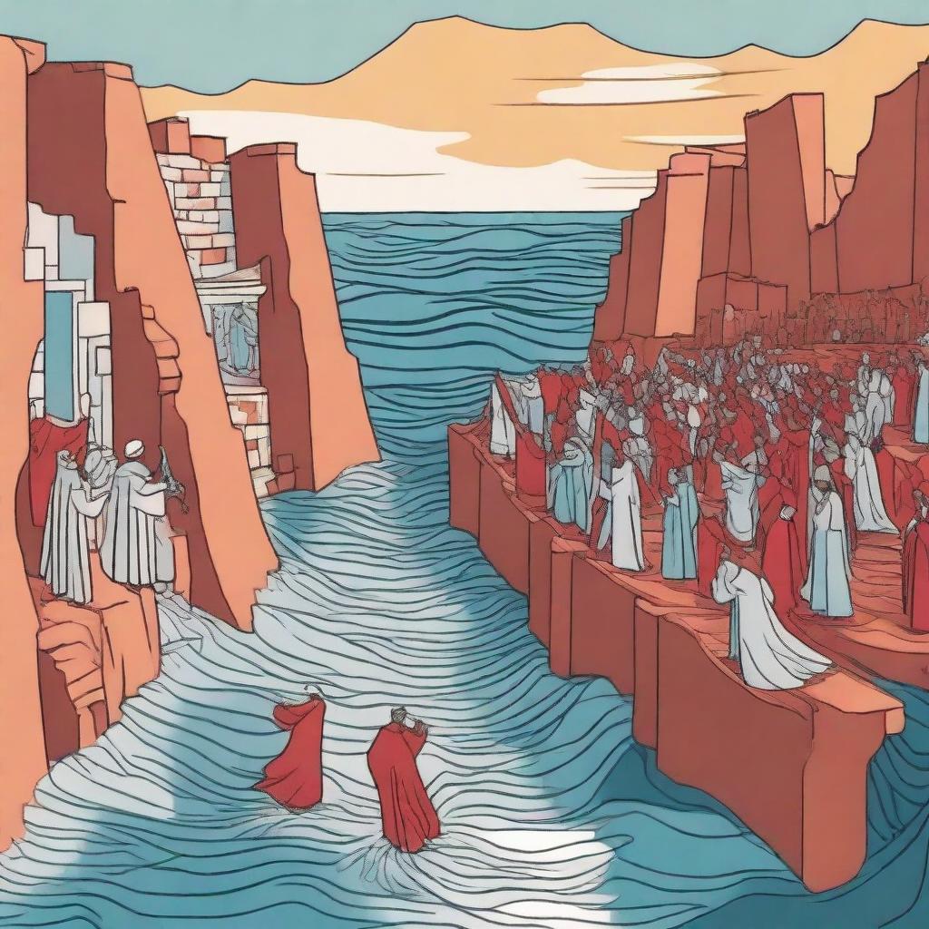 Create an illustration depicting the moment when the Red Sea is parted, creating a path in the middle for the Israelites to cross