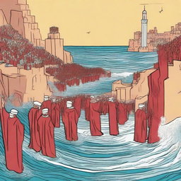 Create an illustration depicting the moment when the Red Sea is parted, creating a path in the middle for the Israelites to cross