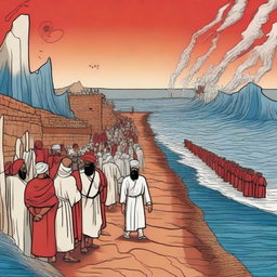 Create an illustration depicting the moment when the Red Sea is parted, creating a path in the middle for the Israelites to cross