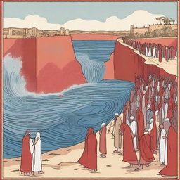 Create an illustration depicting the moment when the Red Sea is parted, creating a path in the middle for the Israelites to cross