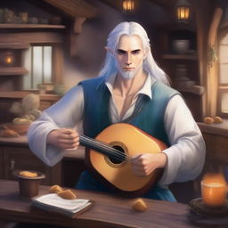 A handsome half-elf bard with blue eyes and long silver hair tied into a ponytail plays the lute against the backdrop of a lively tavern