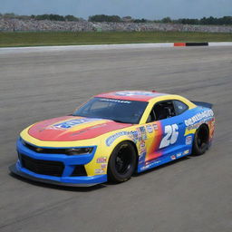 A Camaro recreated in the NASCAR style, painted with bright colors, equipped with racing adaptations and branded with multiple sponsor decals.