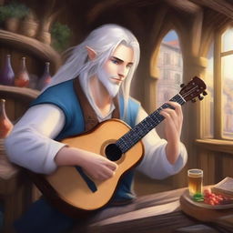 A handsome half-elf bard with blue eyes and long silver hair tied into a ponytail plays the lute against the backdrop of a lively tavern