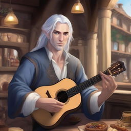 A handsome half-elf bard with blue eyes and long silver hair tied into a ponytail plays the lute against the backdrop of a lively tavern