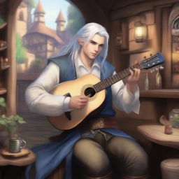 A handsome half-elf bard with blue eyes and long silver hair tied into a ponytail plays the lute against the backdrop of a lively tavern