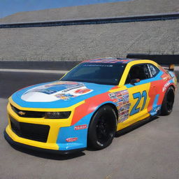 A Camaro recreated in the NASCAR style, painted with bright colors, equipped with racing adaptations and branded with multiple sponsor decals.