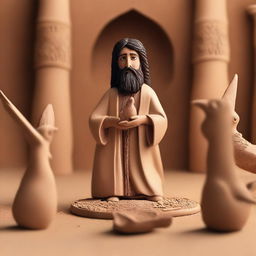 Illustrate the moment when Prophet Isa (Jesus) performs a miracle by creating a bird from clay, with the permission of Allah