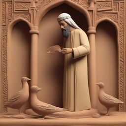 Illustrate the moment when Prophet Isa (Jesus) performs a miracle by creating a bird from clay, with the permission of Allah